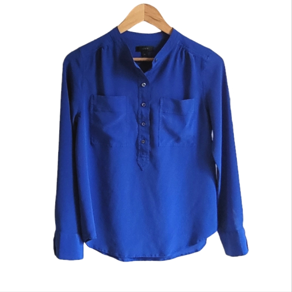 J.CREW Blue Silk Half Button Top 2